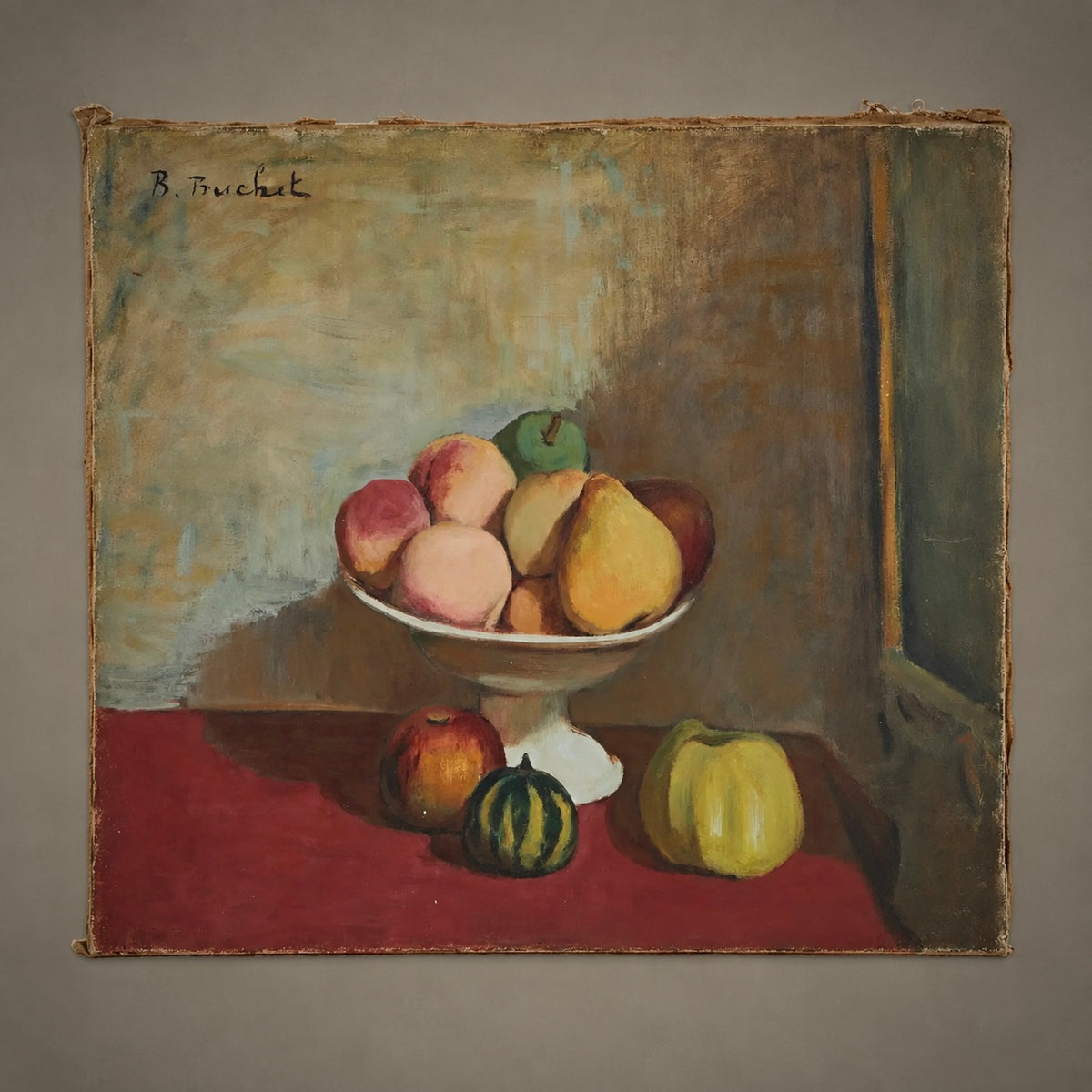 A still life oil painting on canvas depicting a white pedestal bowl filled with apples and pears, set on a red surface against a muted brown and green background. Signed 'R.