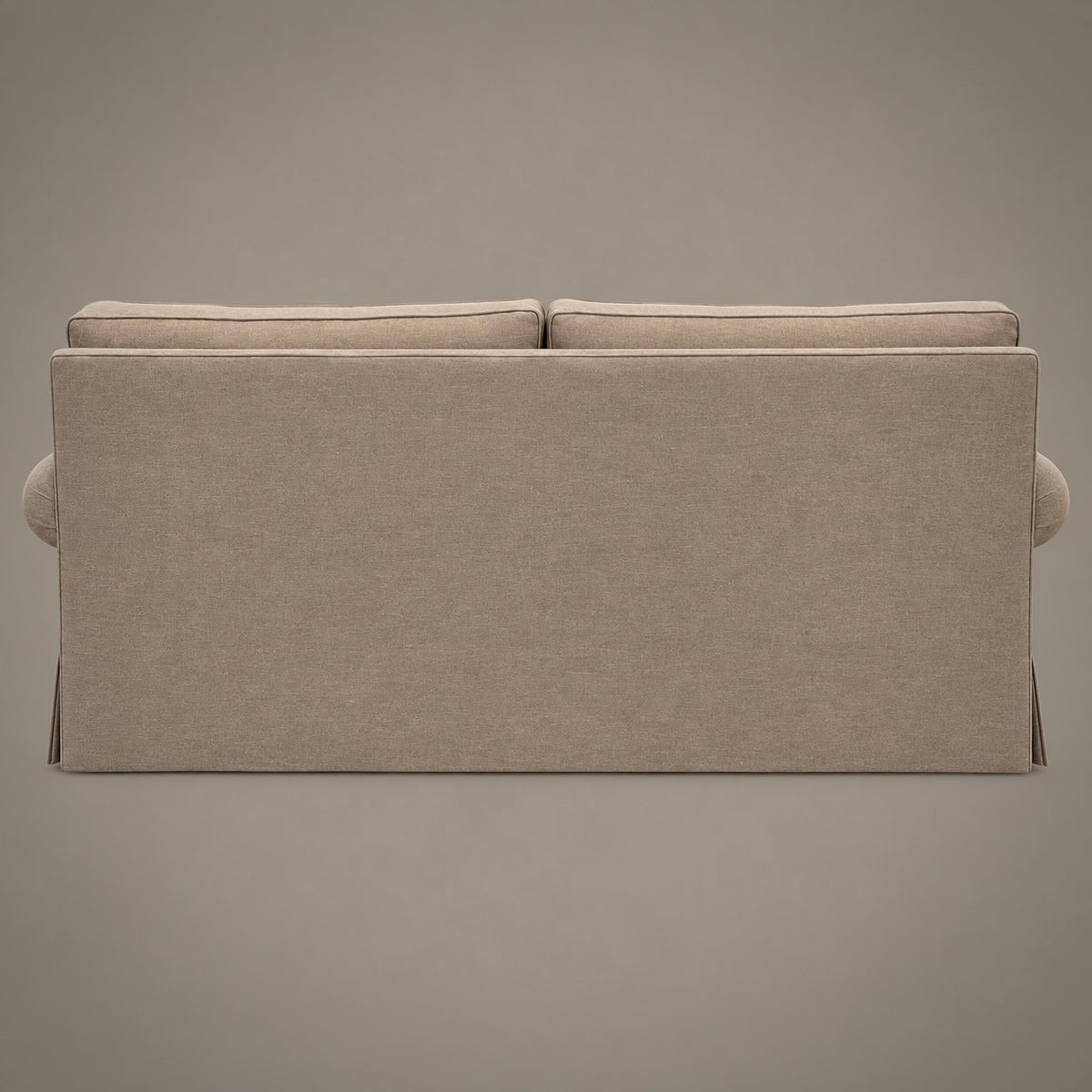 The back view of a sofa upholstered in a textured beige fabric, set against a solid taupe-gray background.