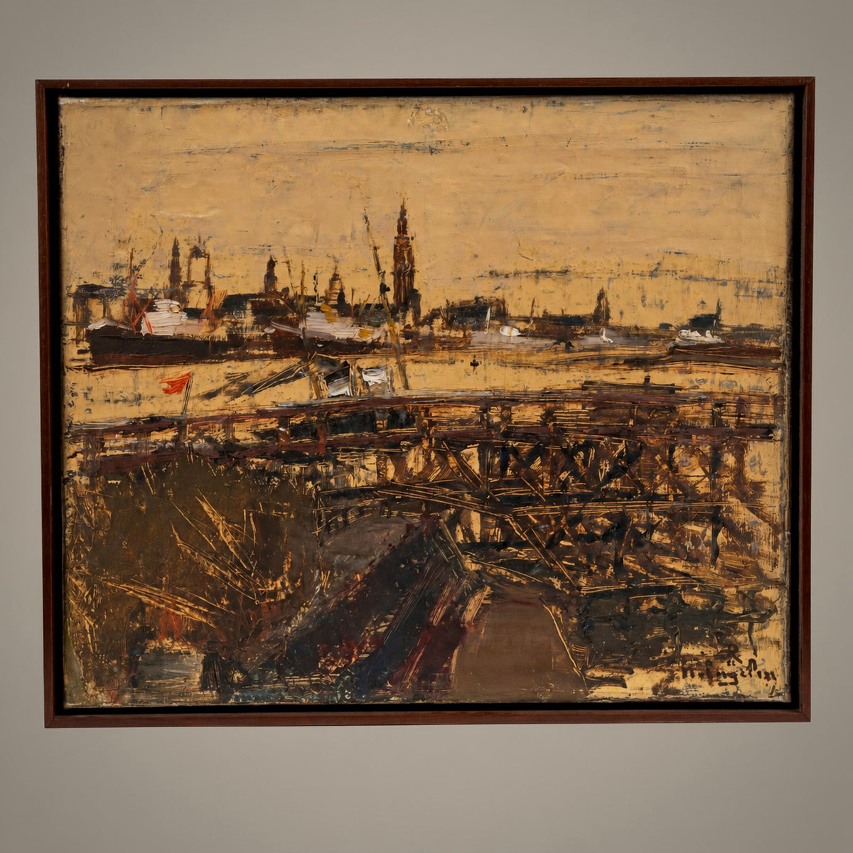 A framed painting depicting a harbor scene with boats, ships, and a bridge in warm beige, brown, and black tones, hung on a light gray wall.