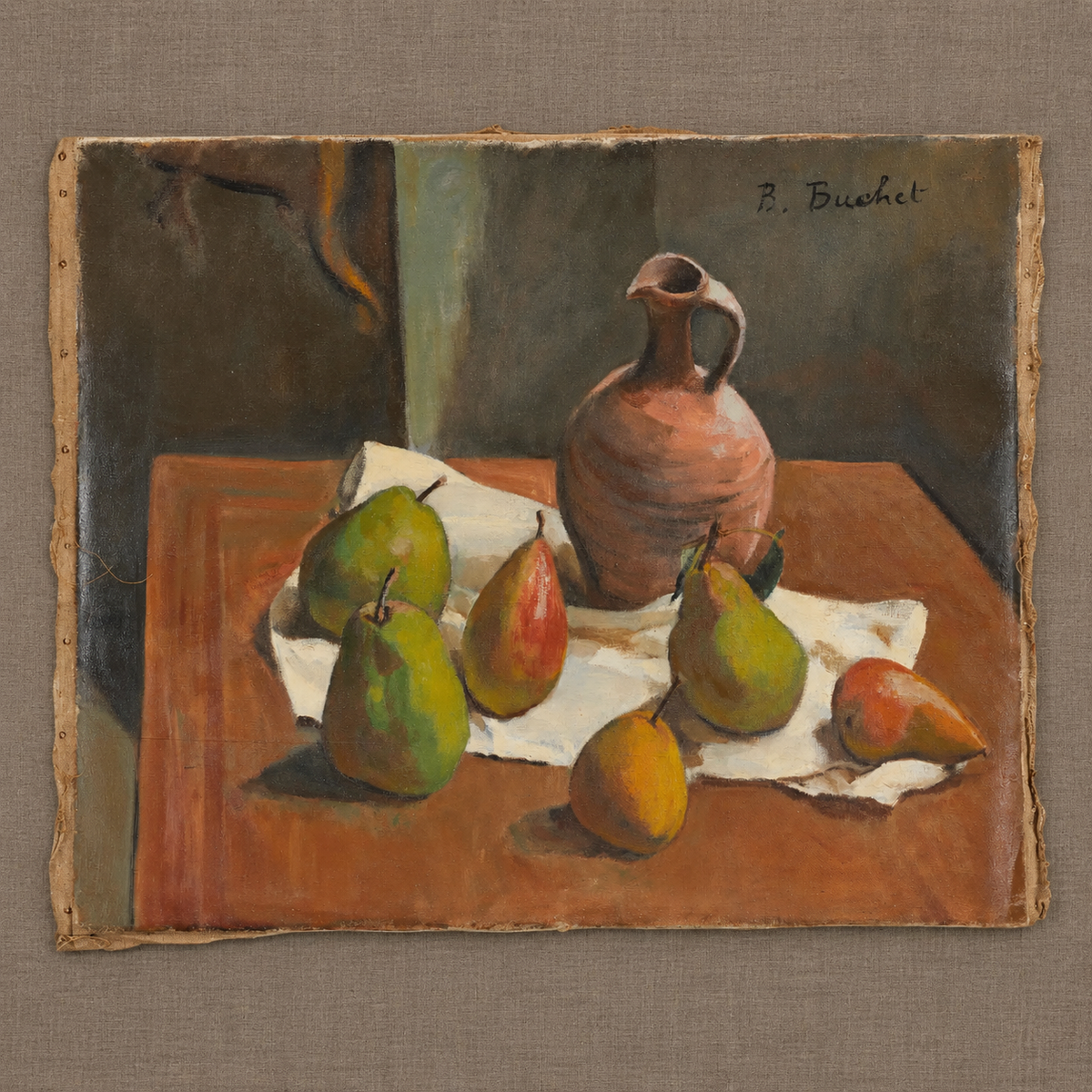 A still life oil painting on canvas depicting green and red pears, a terracotta jug, and a white cloth on a brown table, signed B. Bruegel in the upper right, shown against a textured beige background.