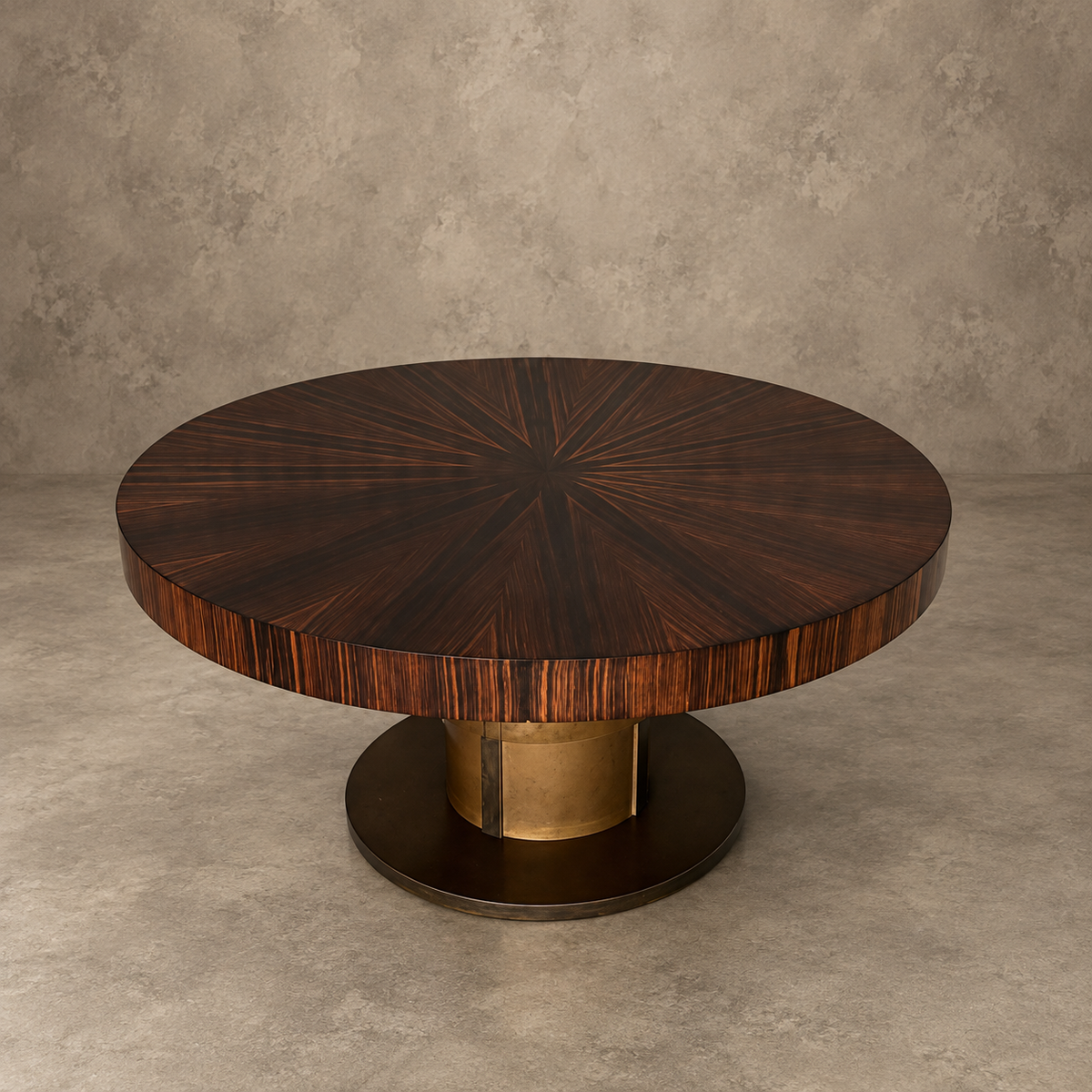 A round dark wood dining table with a starburst grain pattern on the top, a brushed brass cylindrical pedestal base, and a round dark metal foot ring, set against a textured gray concrete floor and wall.