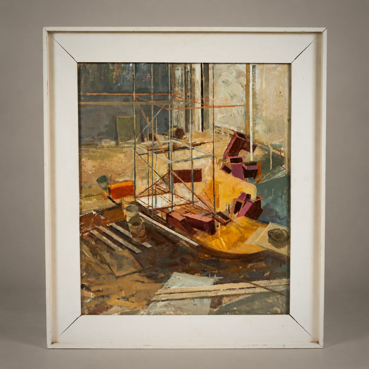 A framed painting depicting an abstract architectural or scaffolding-like scene with warm ochre, brown, gray, and burgundy tones, set in a white frame against a neutral gray background.