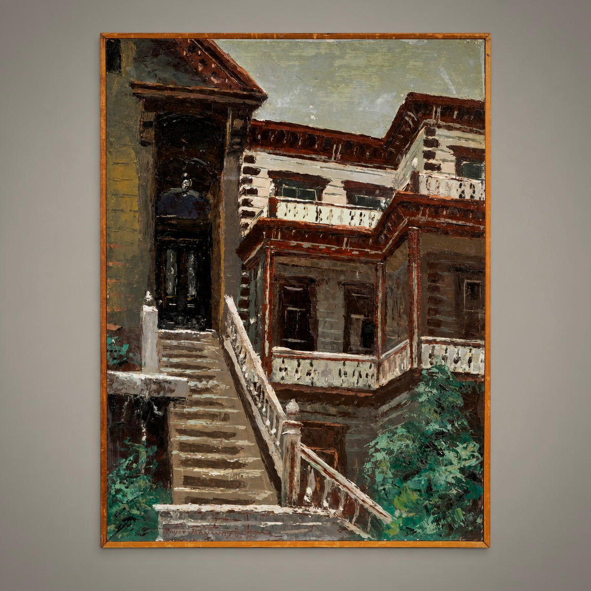 An oil painting of a courtyard with a staircase, wooden railings, and multi-story buildings, presented in a gold frame against a neutral gray background.