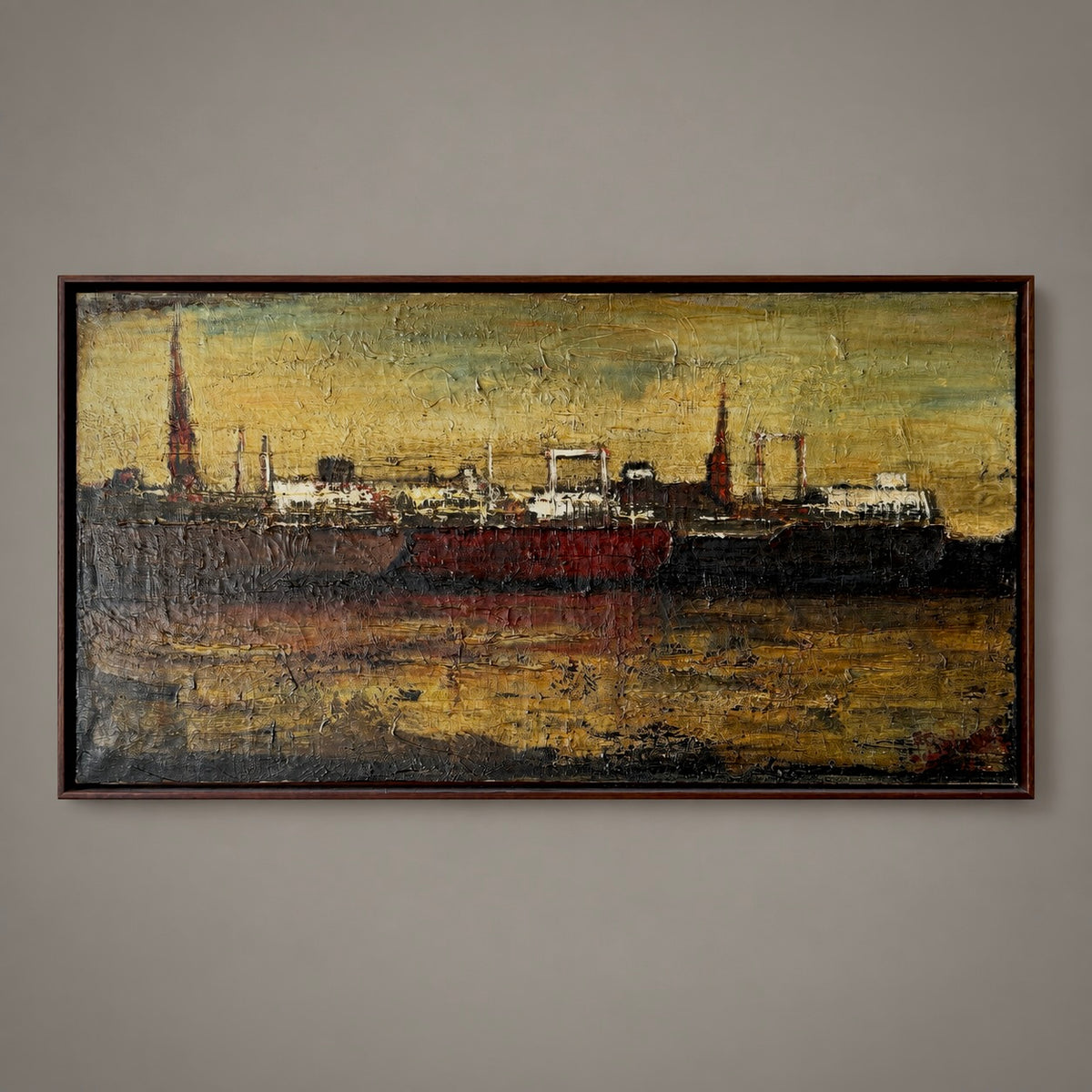 A framed horizontal canvas painting of a harbor scene with large cargo ships, displayed on a neutral gray wall.