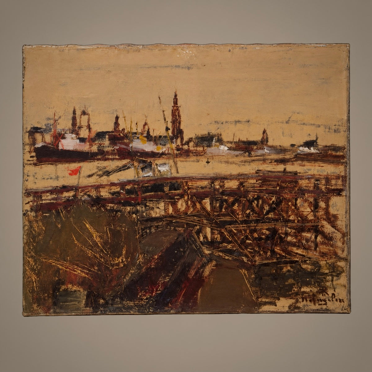 An impressionist-style oil painting of a harbor scene with ships, a bridge, and industrial buildings, rendered in warm beige, brown, and dark red tones, shown against a neutral gray background.