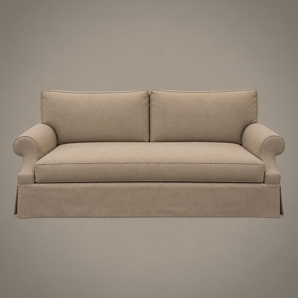 A threeseater upholstered loveseat with rolled arms and a skirted base, shown against a plain taupe-gray studio background.