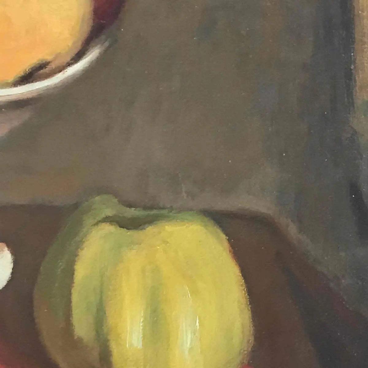 Close-up of an oil painting depicting a still life arrangement of a fruit on a table, with soft, diffused lighting creating a serene and contemplative atmosphere.