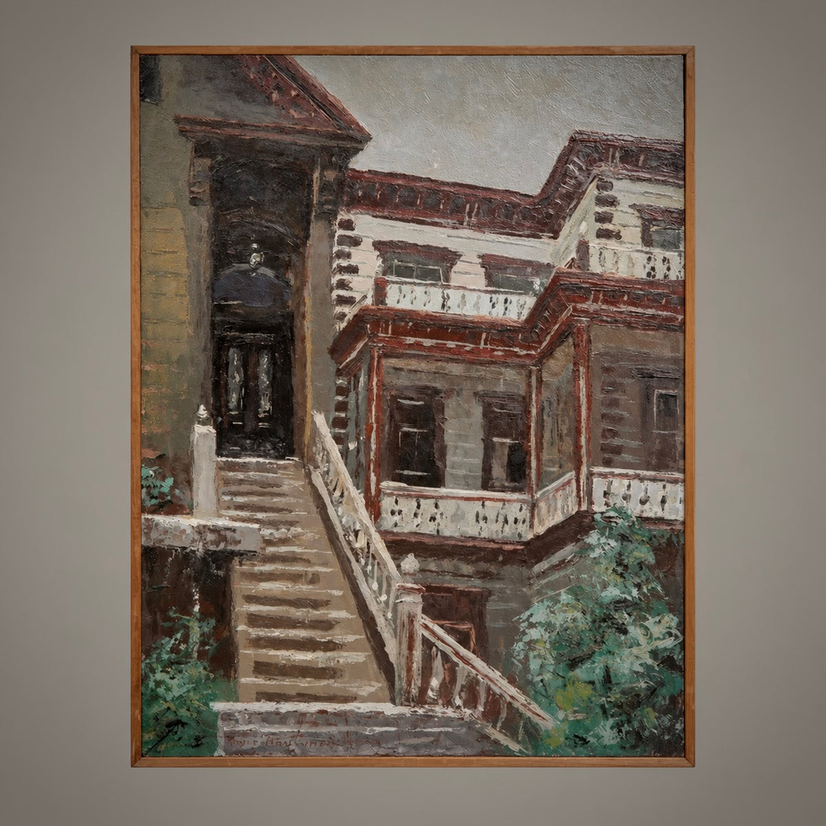 An oil on board painting depicting a Victorian-style home with detailed architectural elements.