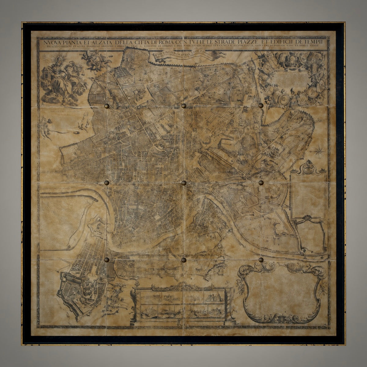 An antique-style map print with detailed cartographic illustrations and text, mounted on a square black frame against a neutral gray wall.