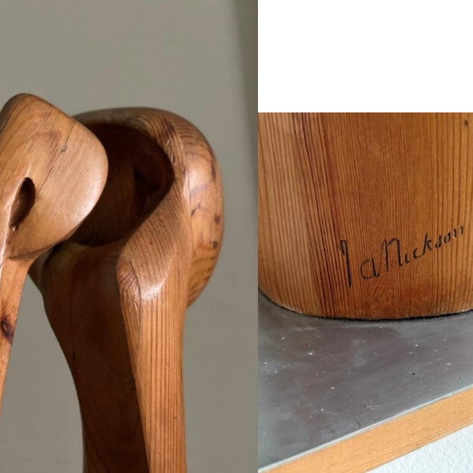 A close-up of a carved wooden object with a curved, sculptural form, shown alongside a second close-up of the wood surface with a visible handwritten signature reading 'Ja. Mickan'.
