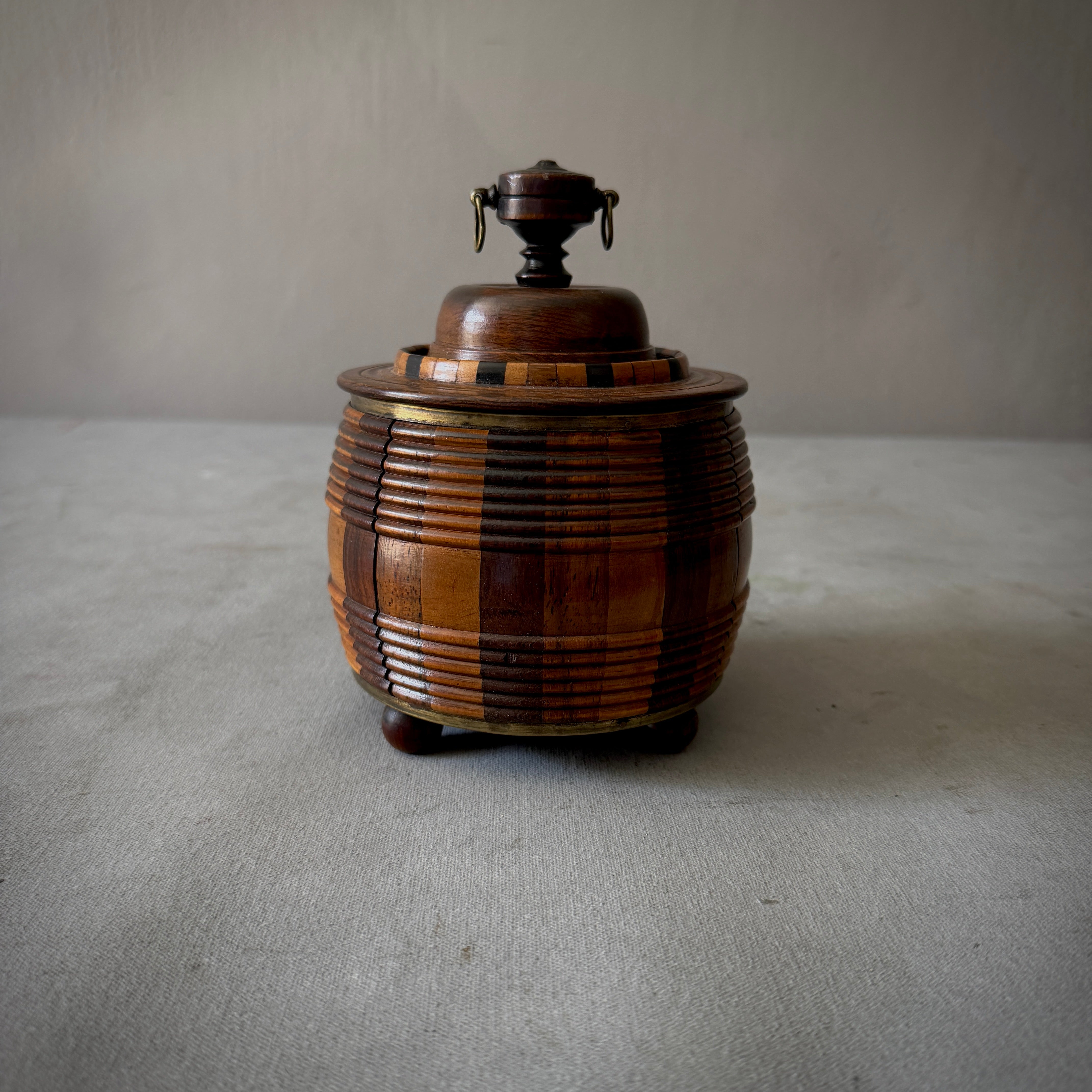 Barrel-Form Fruitwood Tobacco Jar on Bun Feet