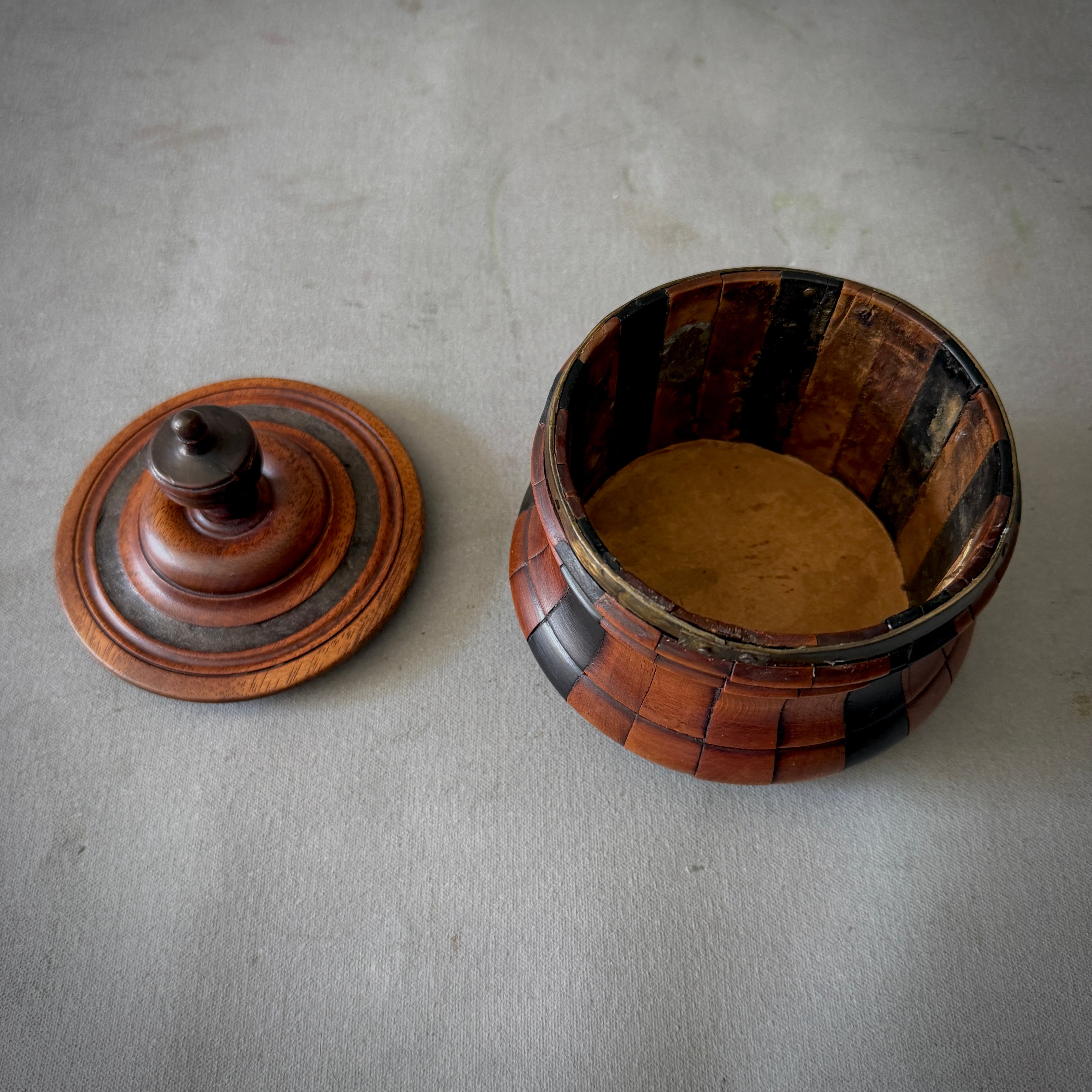 Turned Fruitwood Tobacco Jar with Ebonized Panels