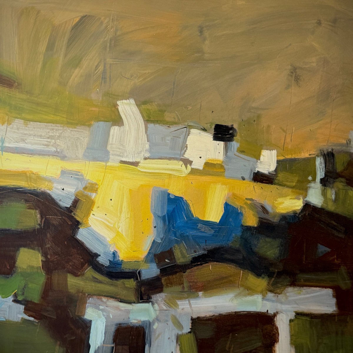 Abstract painting with a focus on yellow, blue, and brown colors.