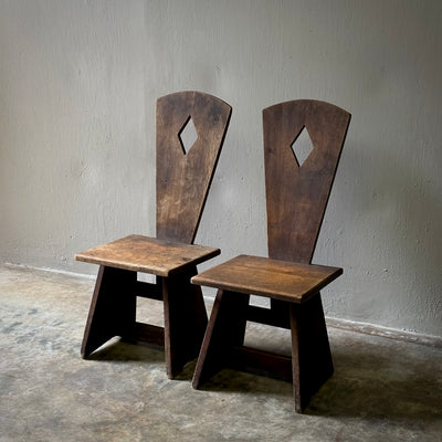 Pair of Early 20th Century French Low Rustic Oak Chairs