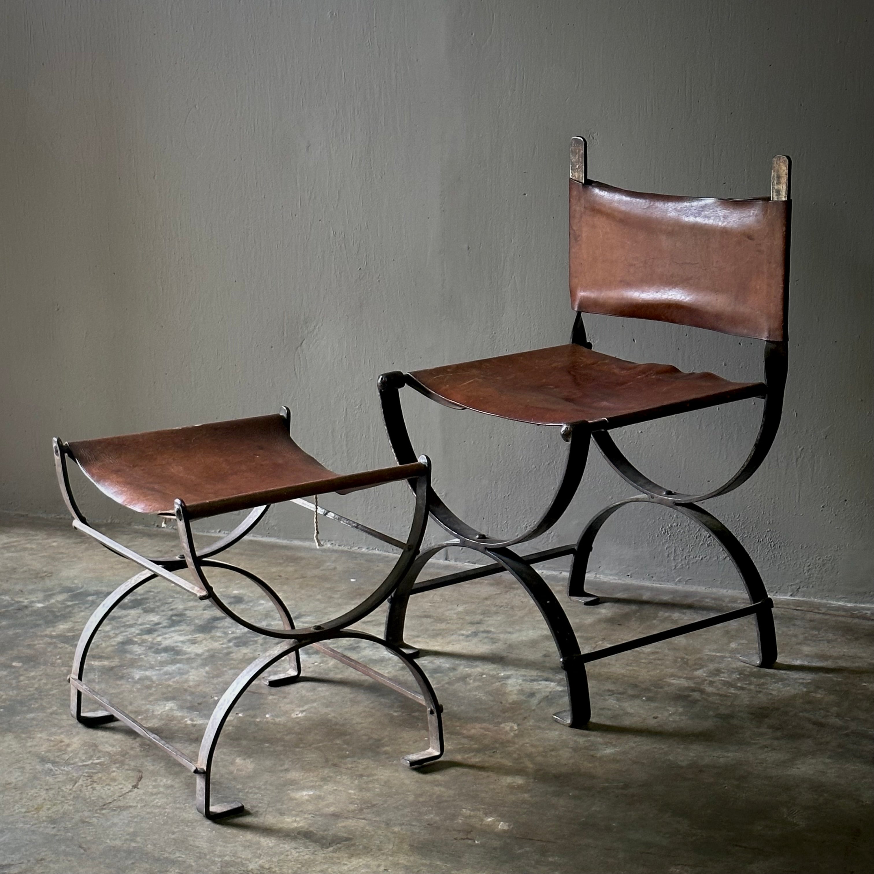 Spanish Leather and Iron Chair with Bench