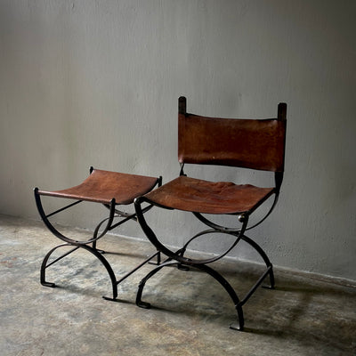 Spanish Leather and Iron Chair with Bench.