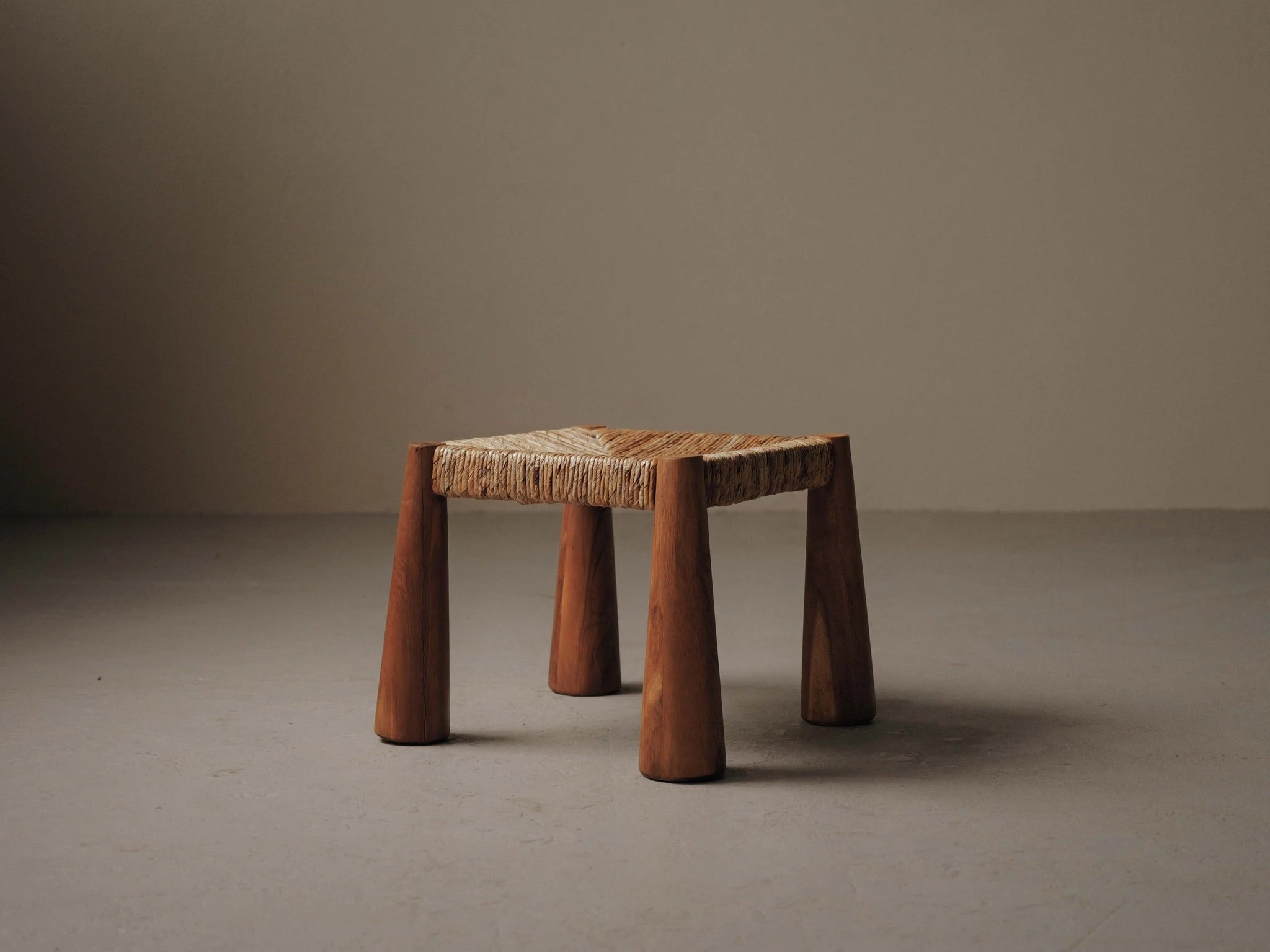 Large Stool in Solid Wood and Woven Straw
