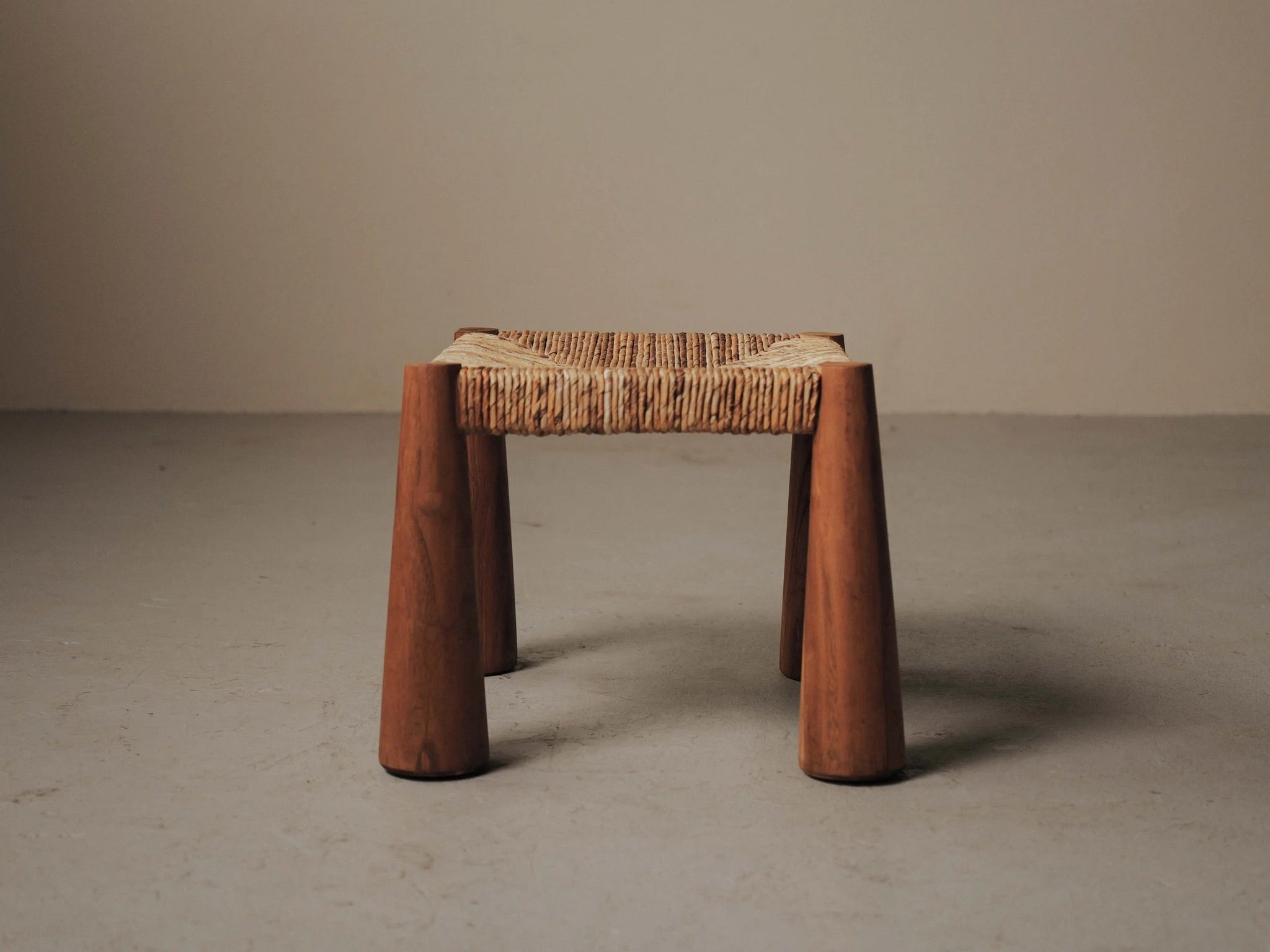 Large Stool in Solid Wood and Woven Straw