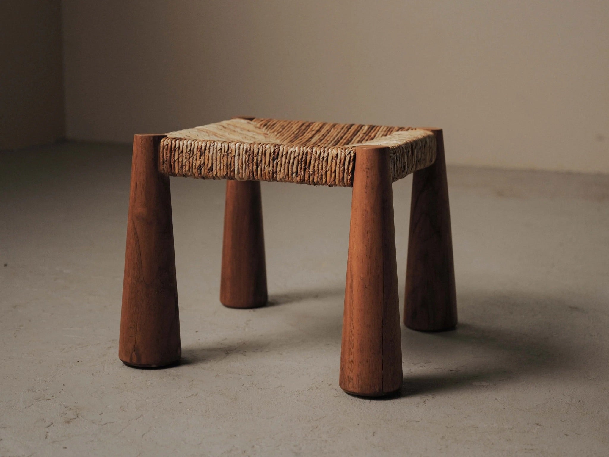 Large Stool in Solid Wood and Woven Straw