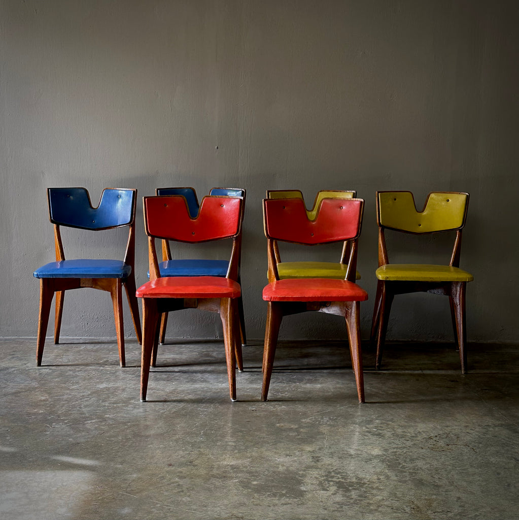 Set of Six Mid-Century Chairs with Color Vinyl