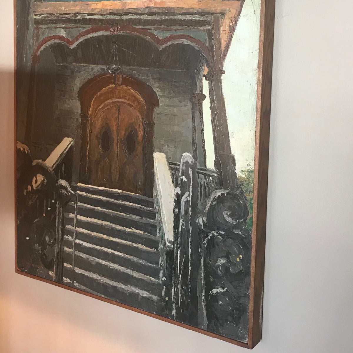 Oil on board painting depicting the entrance of a Victorian-style home with rich shadow play and architectural detail.