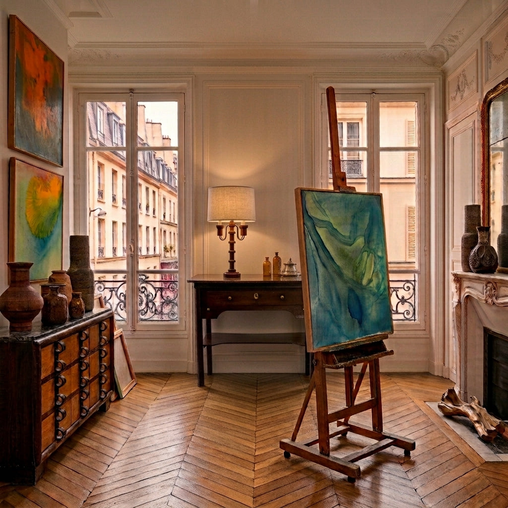 A room in Paris with hard wood floors, antique and vintage wall furniture with vibrant and colorful art.