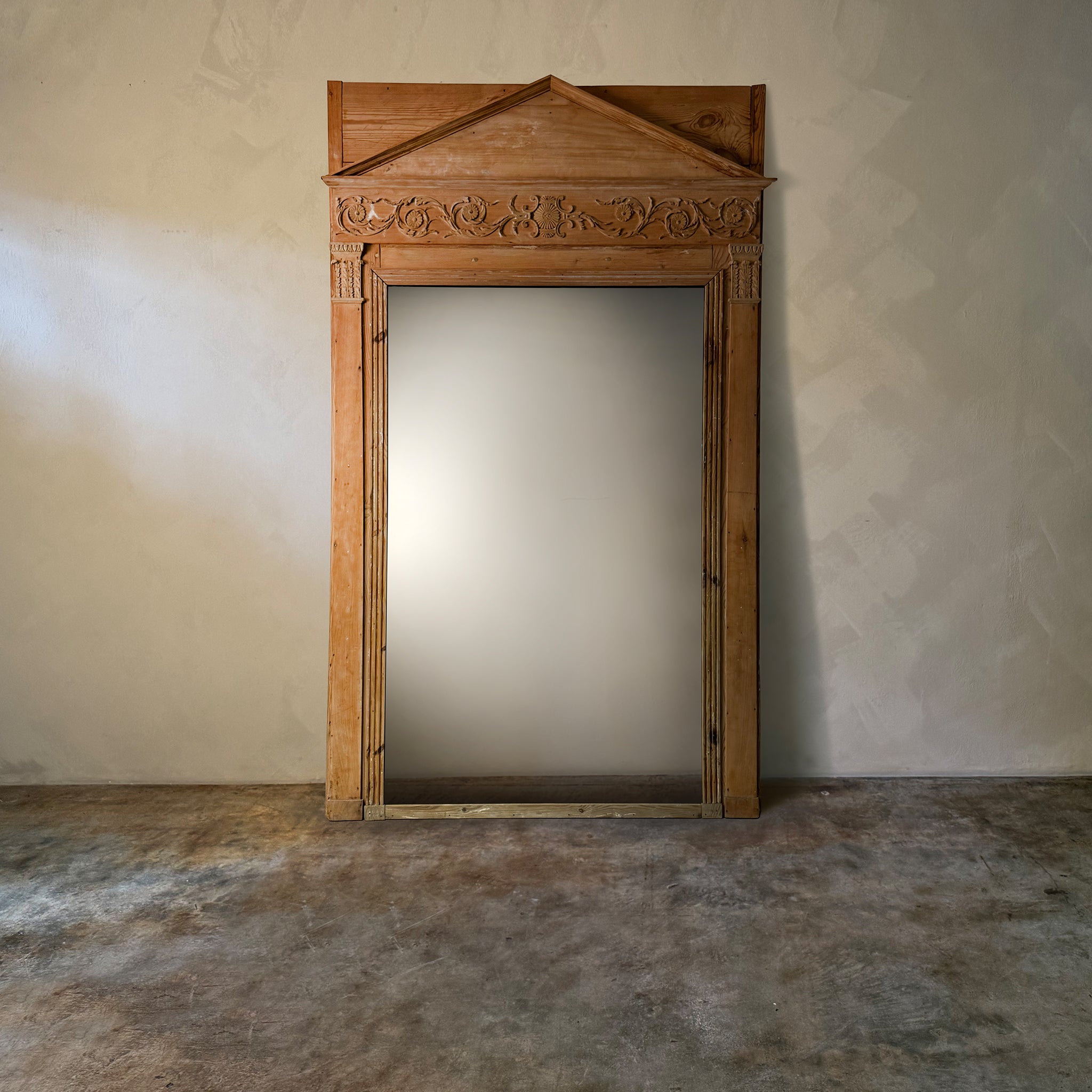 19th Century French Empire Pine Mirror with Neoclassical Pediment Top