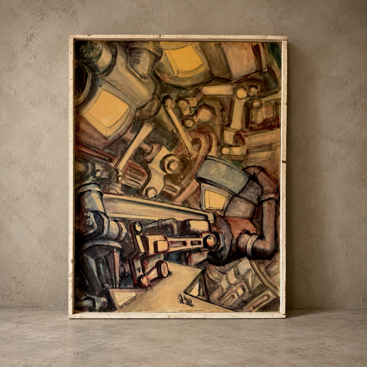 A framed abstract painting leaning against a textured gray concrete wall on a matching concrete floor. The artwork features a complex, cubist-like composition with mechanical or industrial forms in muted tones of brown, beige, gray, black, and yellow.