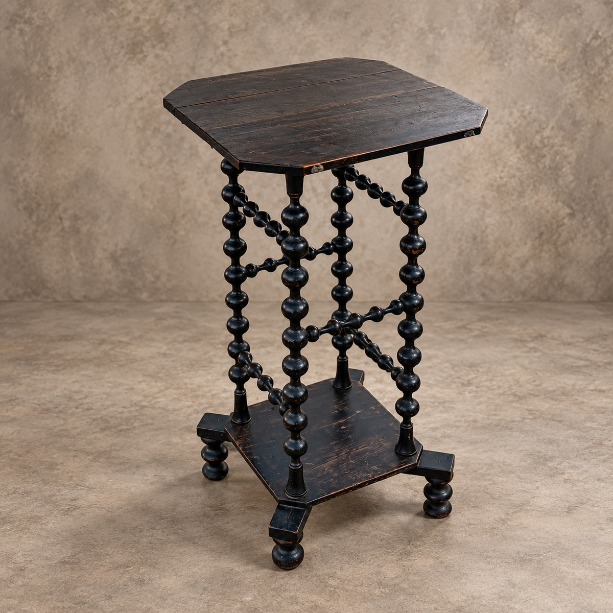A dark stained wooden octagonal side table with turned spindle legs and a lower shelf, photographed against a textured beige studio backdrop.