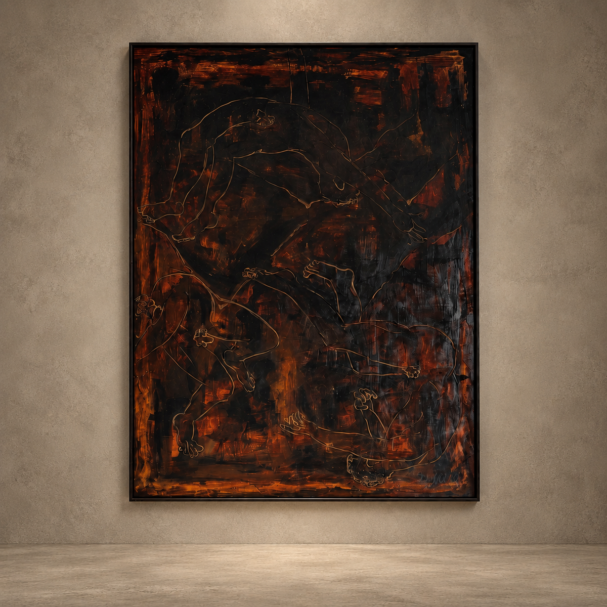 A large framed abstract painting hangs on a textured beige gallery wall above a neutral floor. The artwork is dominated by black and deep reddish-brown tones with fine gold linework throughout.