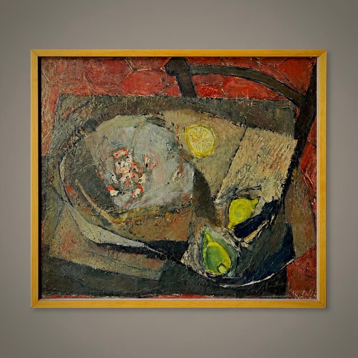 An oil painting featuring a bowl of shrimp with abstracted forms of lemon and avocado against a red and olive background, housed in a wooden frame.