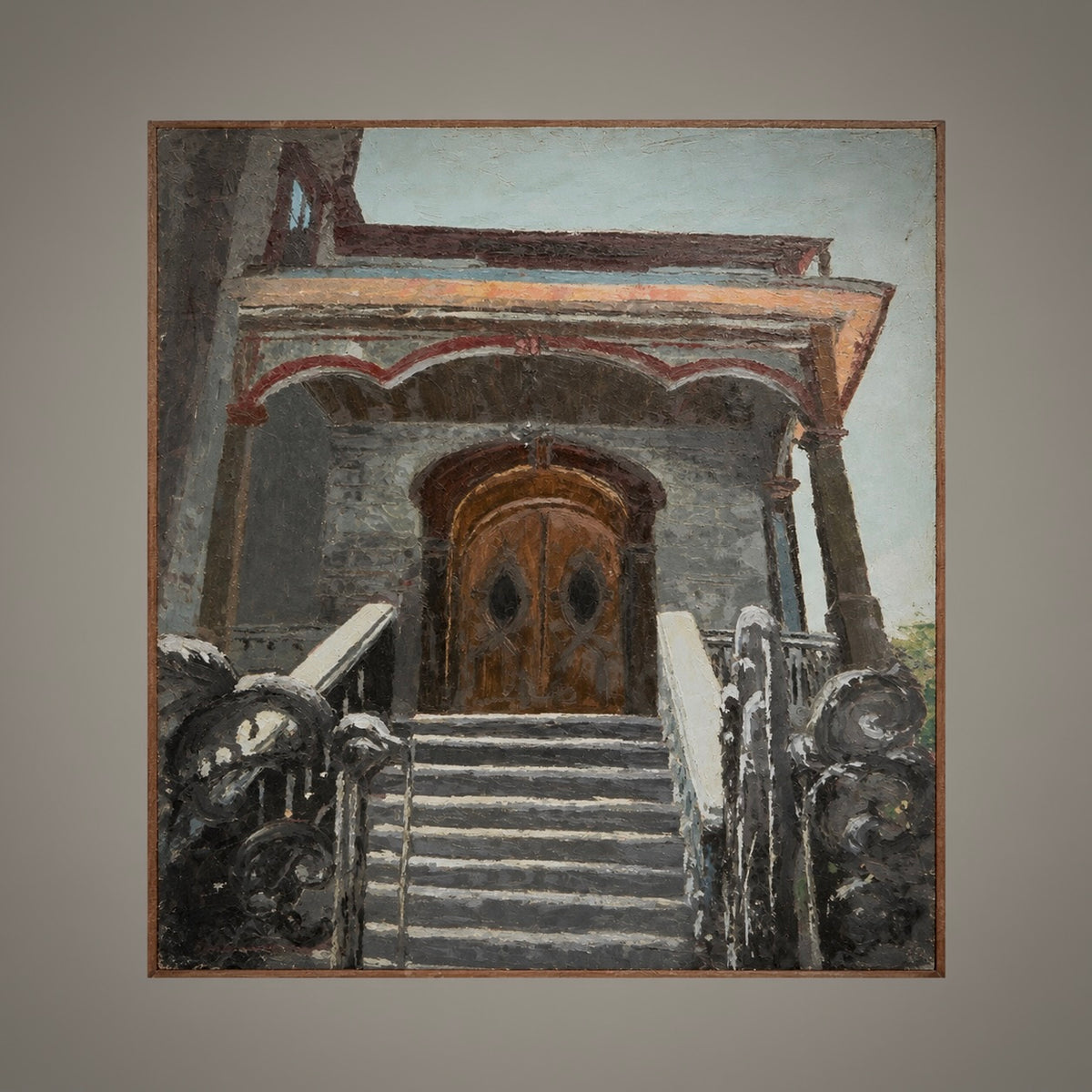 Oil on board painting depicting the entrance of a Victorian-style home with rich shadow play and architectural detail.