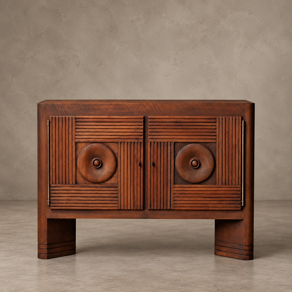 A mid-century modern wooden sideboard cabinet with two doors, featuring geometric carved panel designs and circular door medallions, set against a textured neutral background.