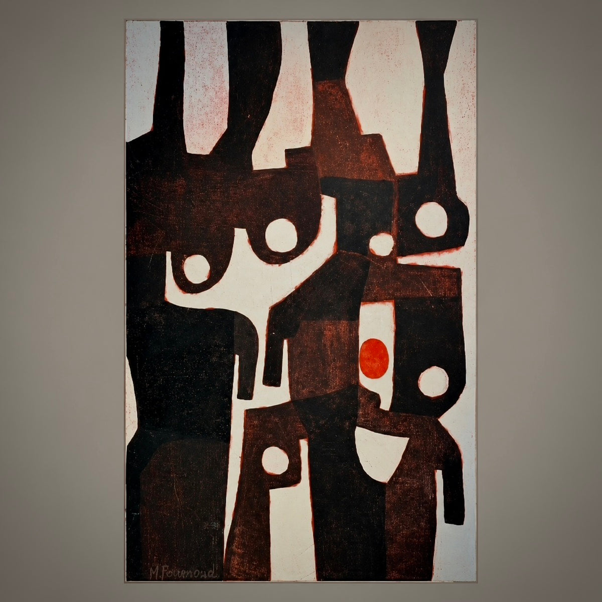 An abstract geometric painting featuring stylized human figures in black, dark brown, and terracotta red on a white background, shown against a neutral gray backdrop.