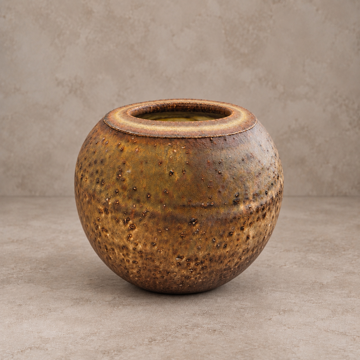 A round, open-top ceramic planter with a textured, speckled glaze in earthy brown and gold tones, set against a neutral concrete-textured background.