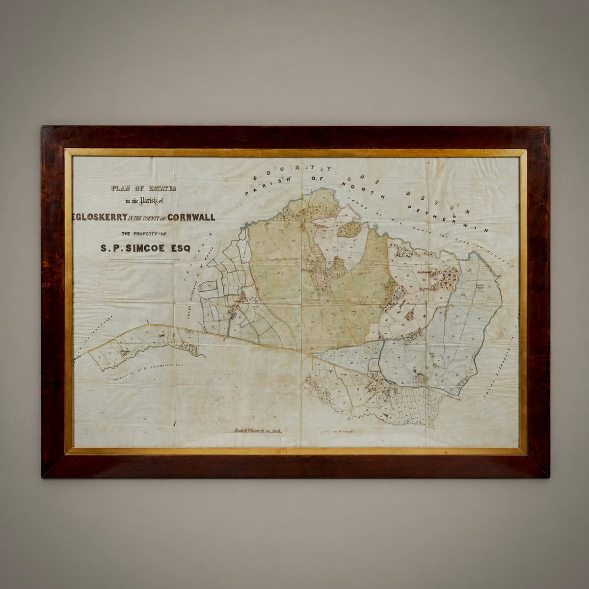 A framed vintage map of North Gloskerart and parts of Cornwall, dated 1896, featuring S.P.