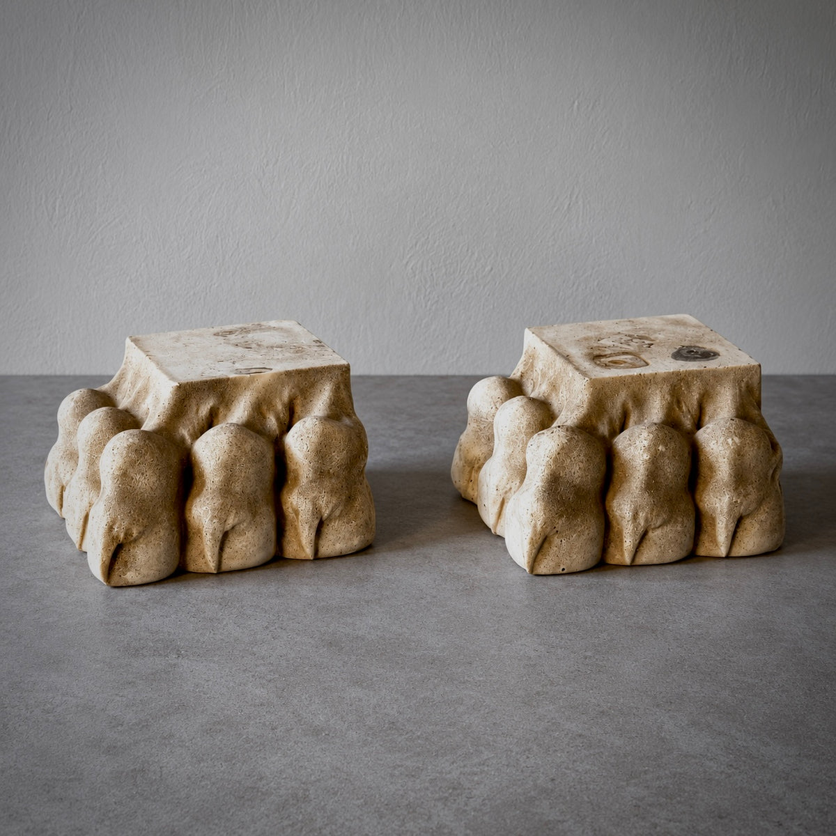 Pair of sculptural carved stone lion’s  paws with organic rounded forms and warm natural patina.