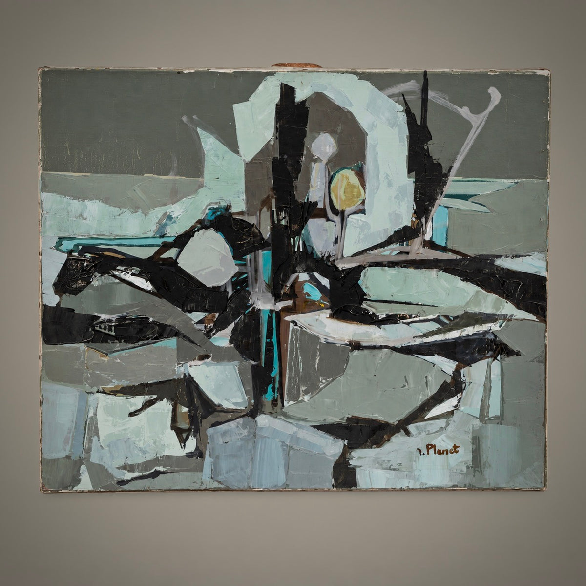 An abstract expressionist painting on canvas featuring a geometric composition of black, gray, white, and light blue shapes, signed 'R. Plant' in the lower right corner, displayed against a neutral gray wall.