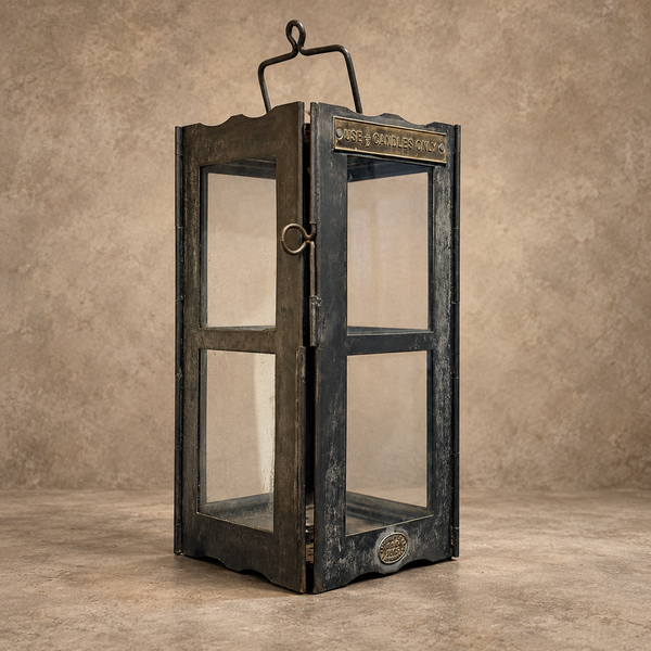 A rustic black metal lantern with a distressed finish, featuring clear glass panels, a top hanging loop, and decorative brass-toned hardware, set against a textured beige studio backdrop.