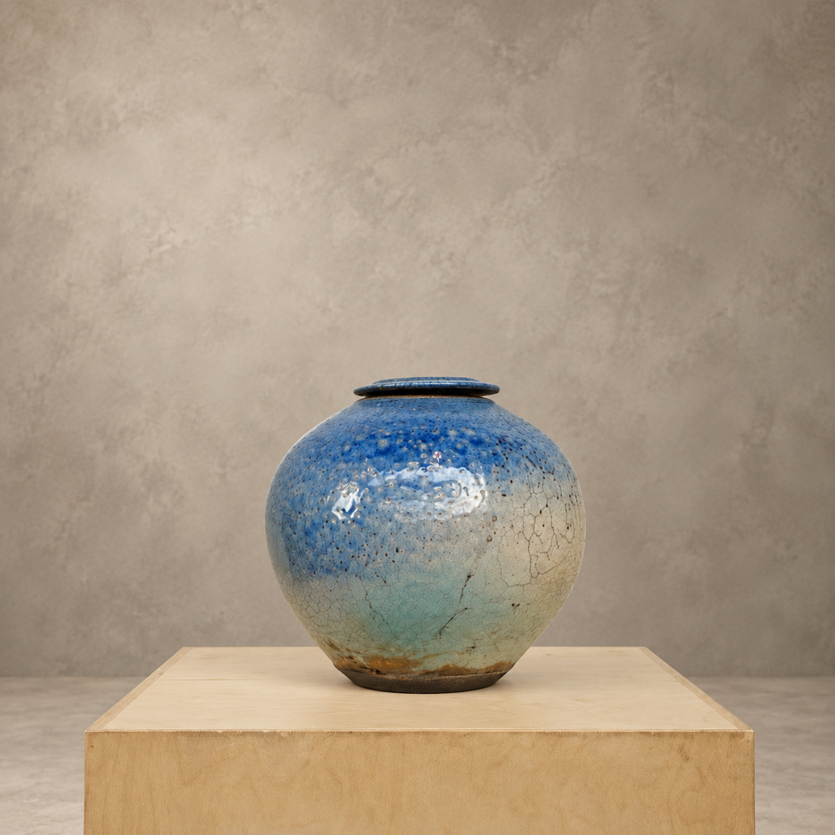 A round ceramic lidded jar with a blue and light blue crackled glaze, displayed on a light wood pedestal against a textured gray background.