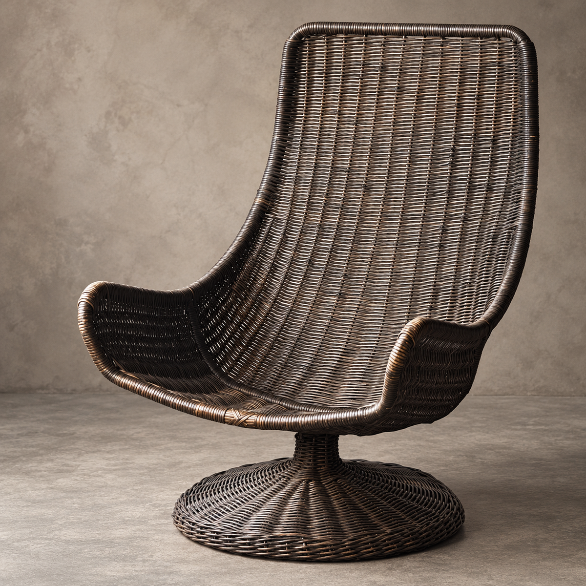 A dark brown woven rattan swivel armchair with a high curved backrest and a round pedestal base, set against a textured gray concrete wall and floor.