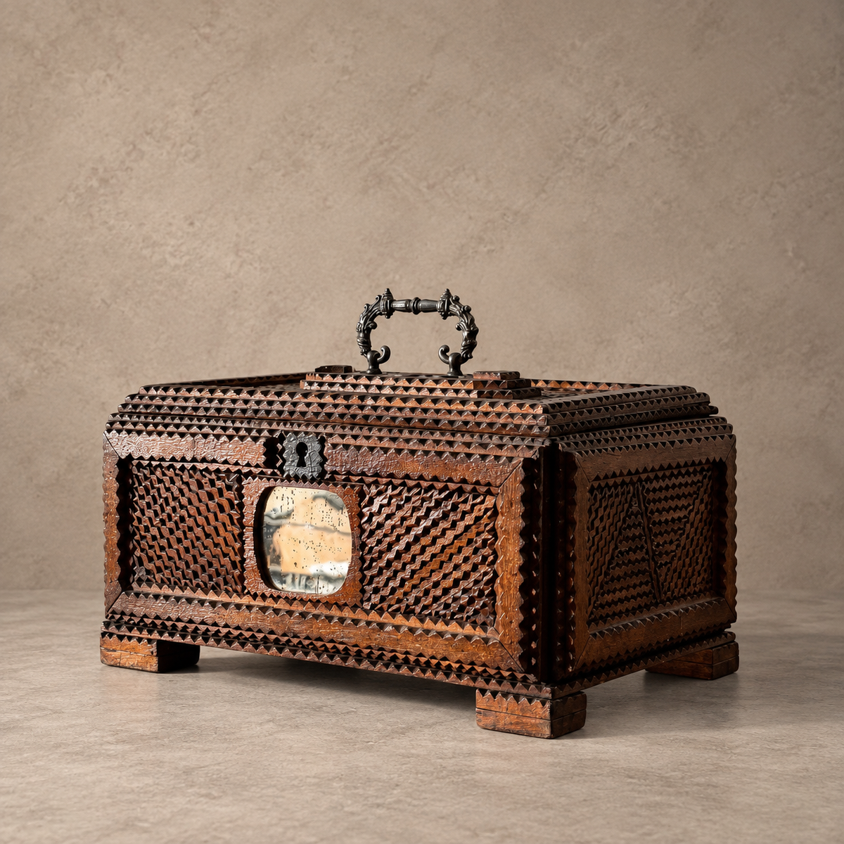An ornate carved wooden chest with intricate geometric cutouts, and a dark metal handle, set against a textured beige background.