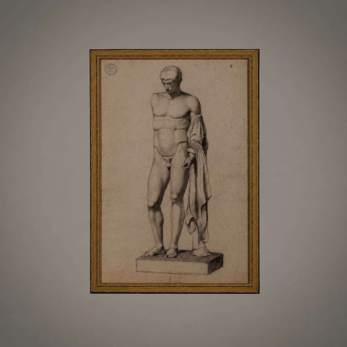 19th-century academic charcoal drawing of a standing male nude with drapery, presented in a giltwood frame.