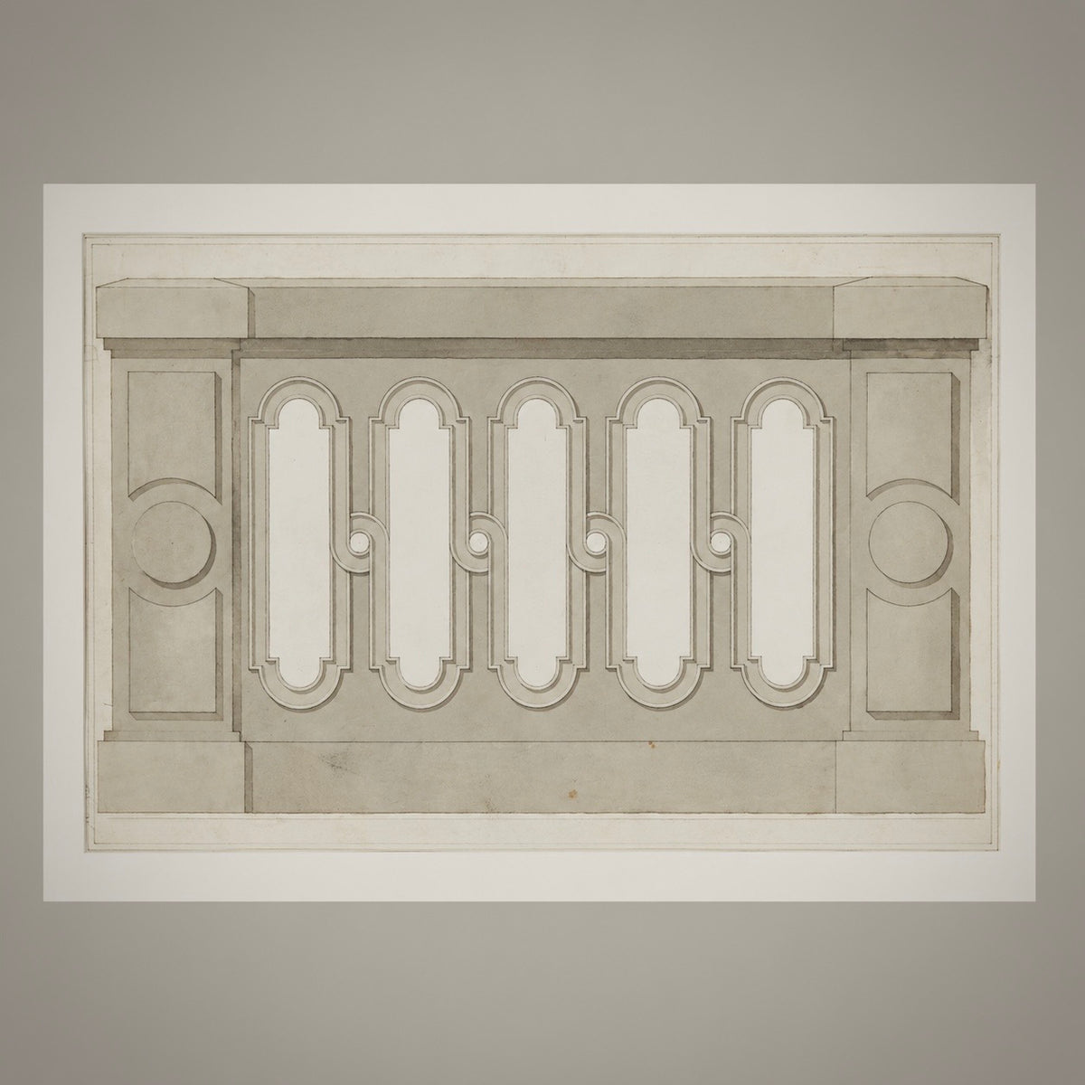 A framed architectural art print featuring a classical stone balustrade design with five central arches, rendered in muted gray and beige tones on a light gray background.