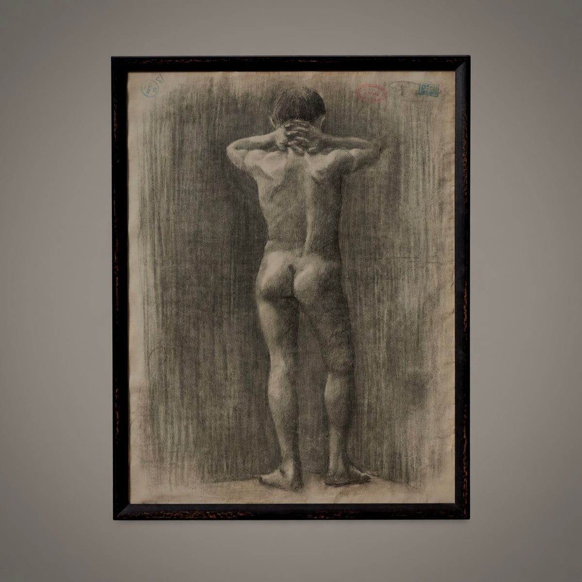 An academic charcoal drawing, capturing the rear view of a standing nude figure who appears deep in thought or contemplation. The drawing is executed with intricate shading and precise anatomical details, highlighting the artist's profound understanding of classical drawing techniques.