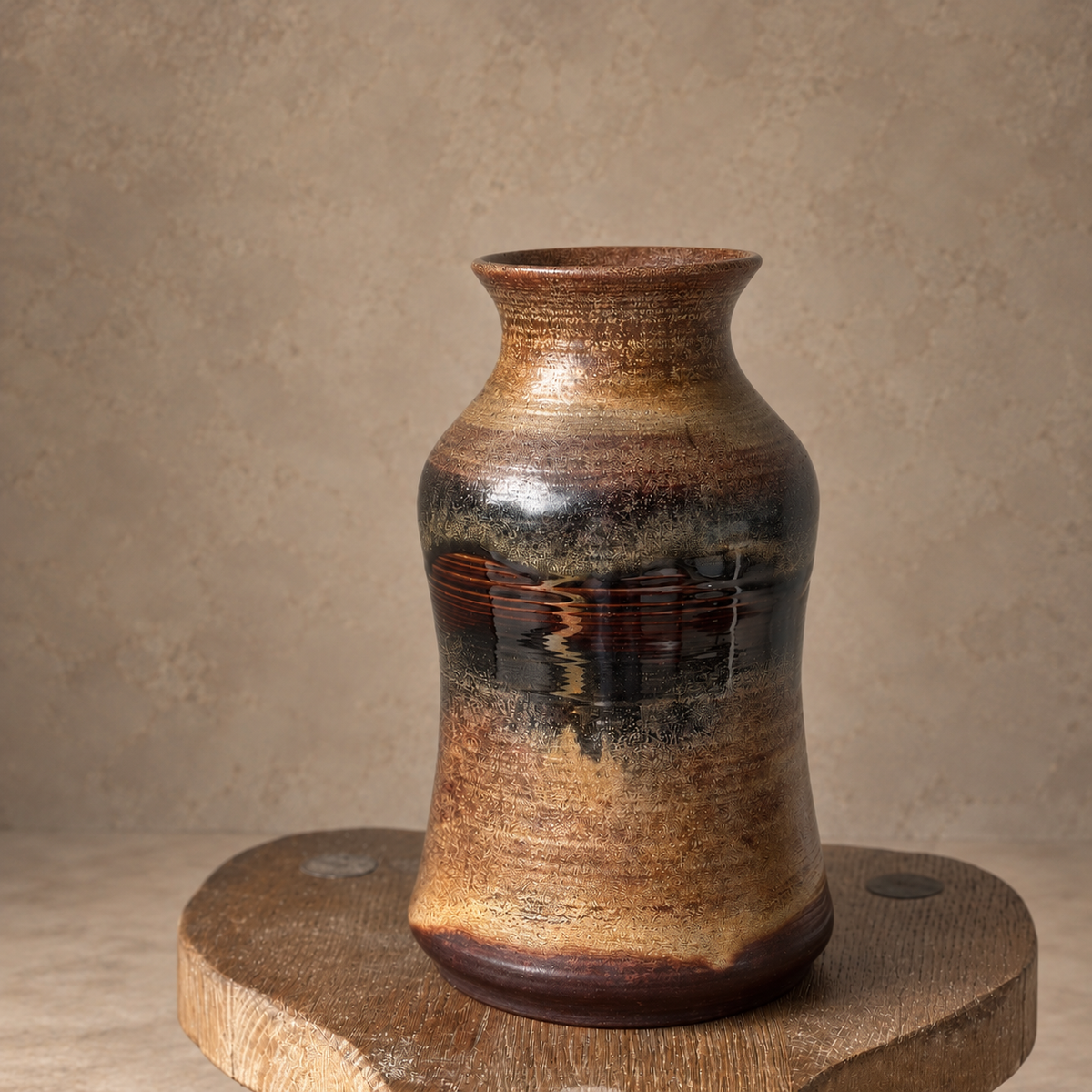 A handmade ceramic vase with a rustic, hand-painted glaze featuring earthy brown, black, and gold tones, displayed on a round wooden pedestal against a textured beige background.