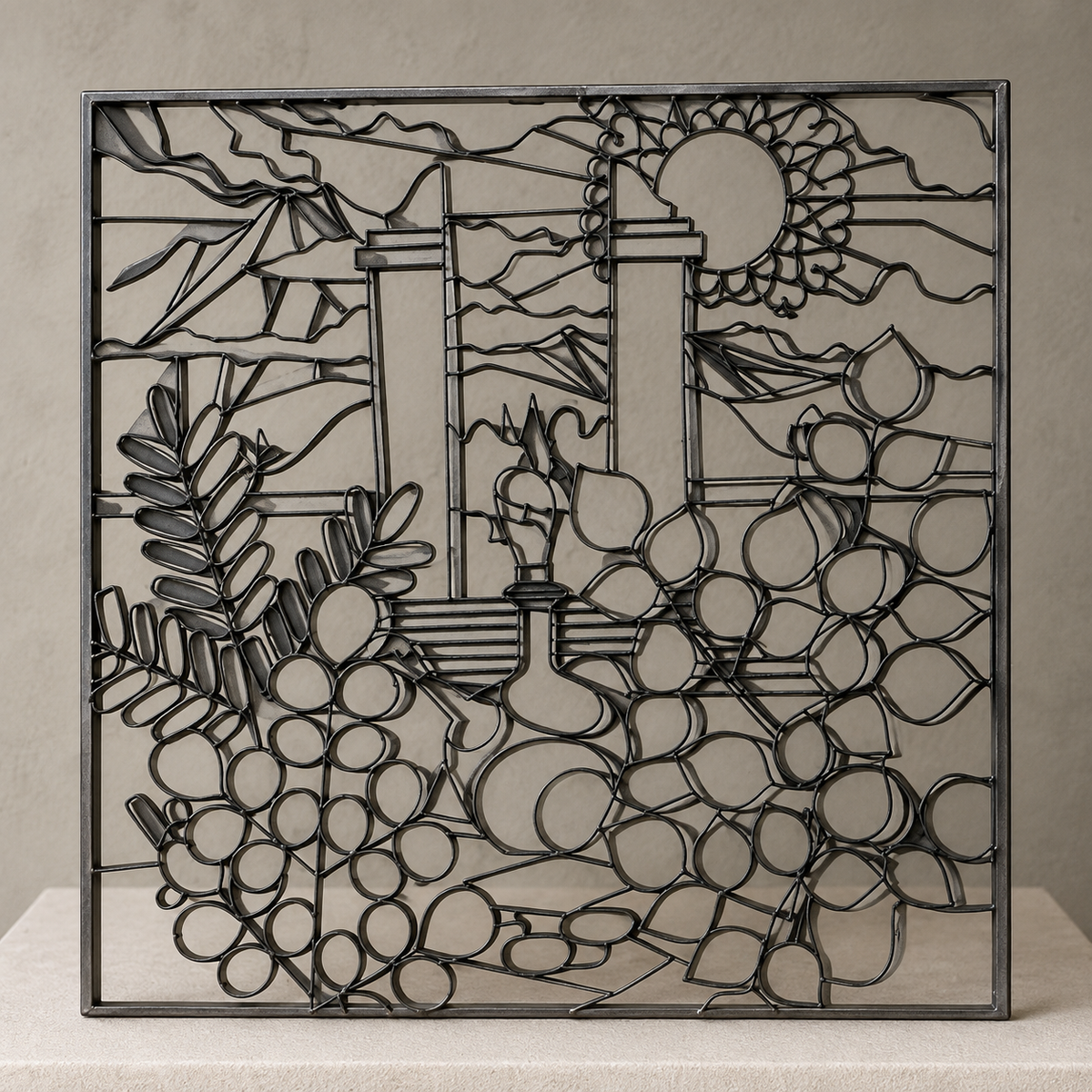 A square black metal wall art piece featuring a stylized still life of grapes, leaves, a sun, and architectural lines, displayed against a neutral beige wall and surface.