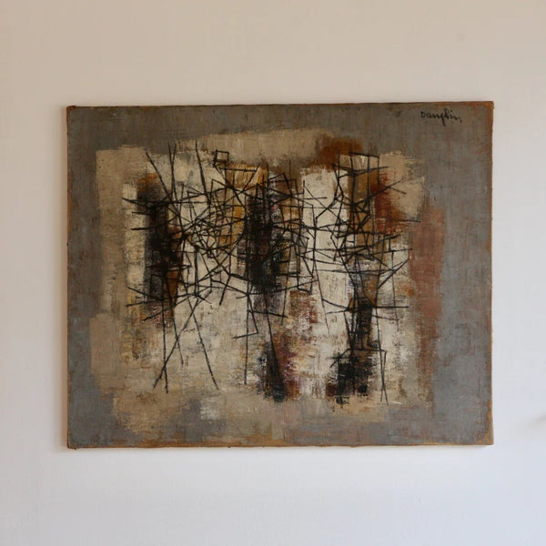 Abstract oil on canvas painting featuring linear structures in greys, µres, and earth tones, signed on the upper right.