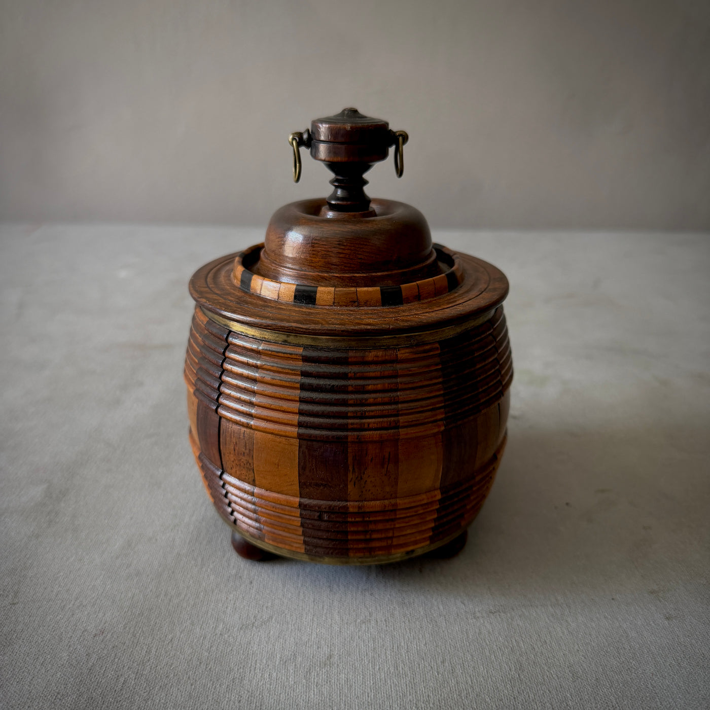 Barrel-Form Fruitwood Tobacco Jar on Bun Feet