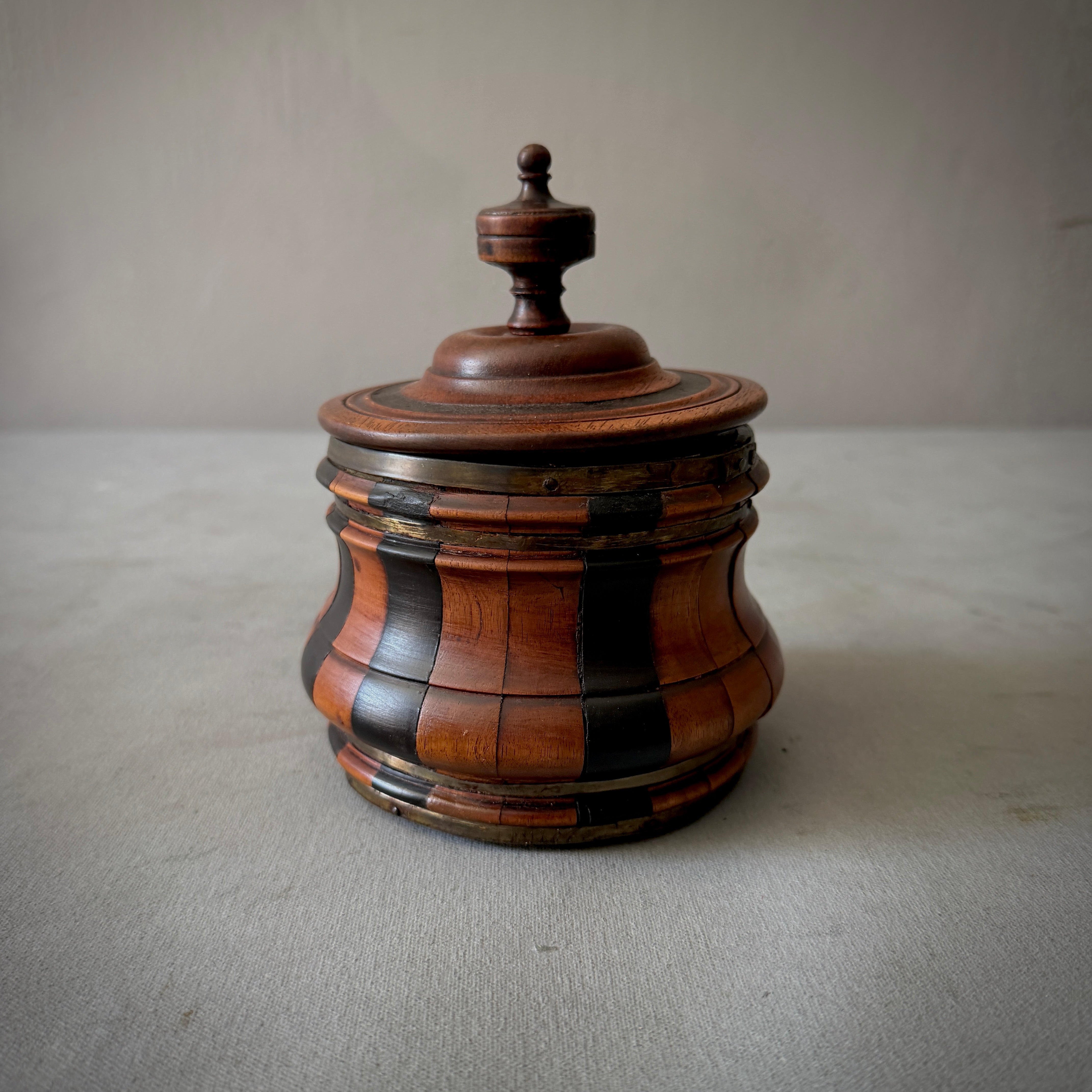 Turned Fruitwood Tobacco Jar with Ebonized Panels